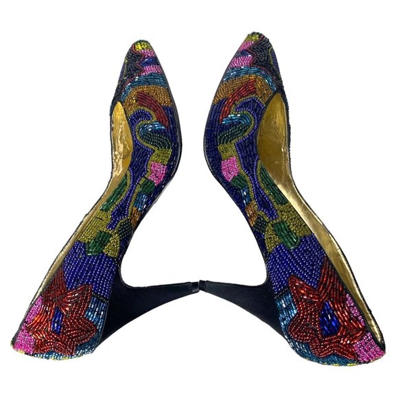 Vintage 90s Caparros Multicolor Pattern Beaded Pointed Toe Pumps 6 - Picture 4 of 9